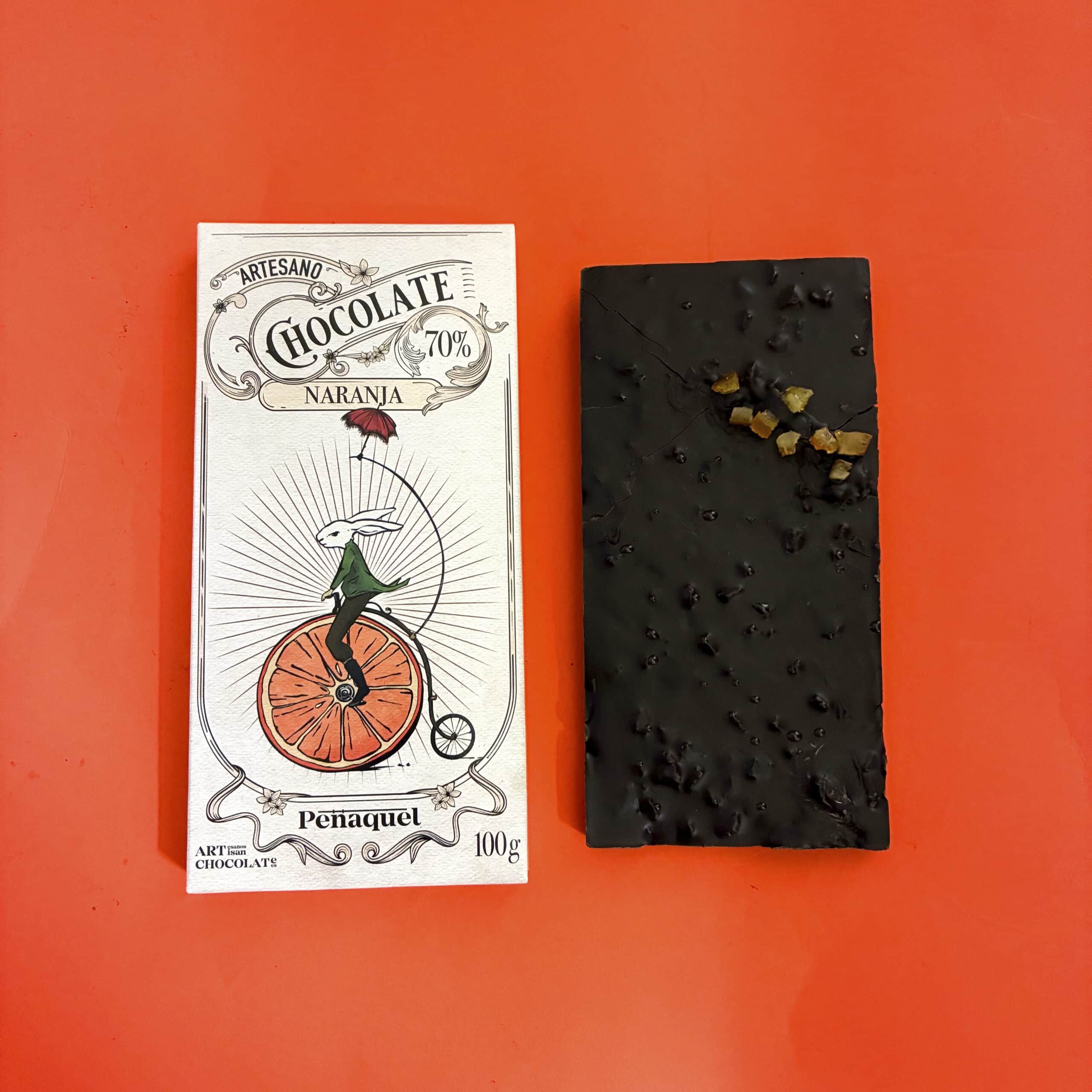 Tableta 100 g. Chocolate negro 70 con naranja